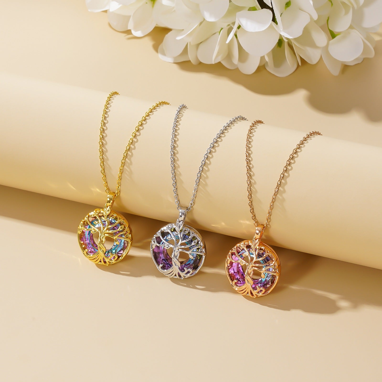 Wholesale Tree of Life Colored Crystal Round Necklace Collarbone Chain